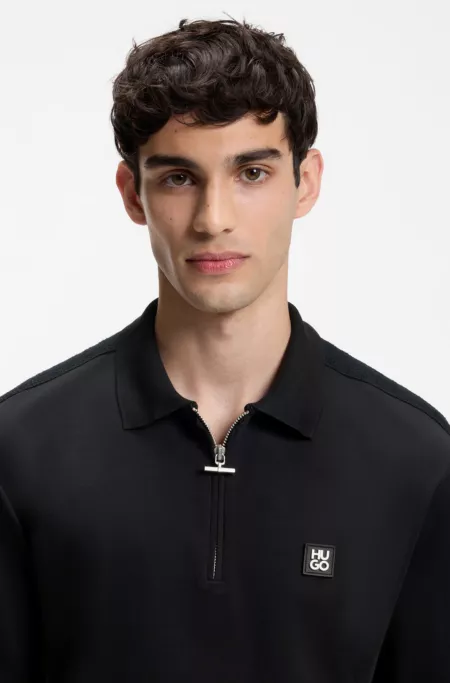 Zipper-neck cotton polo shirt with bouclé tape
