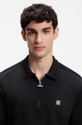 Polo de algod&oacute;n con cremallera en el cuello y cinta de boucl&eacute;, Negro