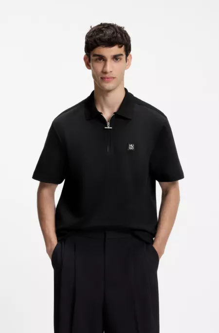 Zipper-neck cotton polo shirt with bouclé tape