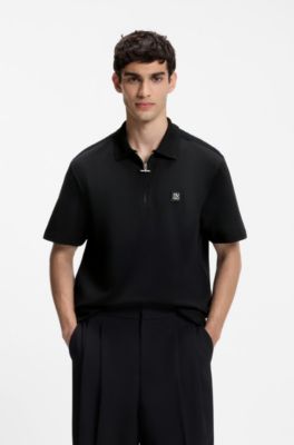 Zipper-neck cotton polo shirt with boucl&eacute; tape, Black