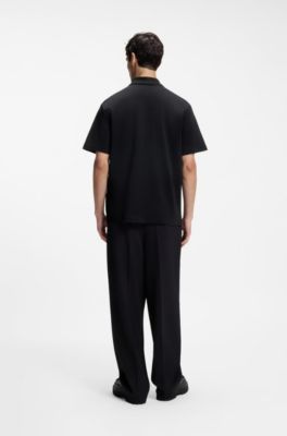 Zipper-neck cotton polo shirt with boucl&eacute; tape, Black