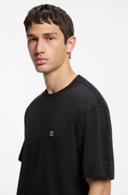 Camiseta de algod&oacute;n interlock con cinta de boucl&eacute;, Negro