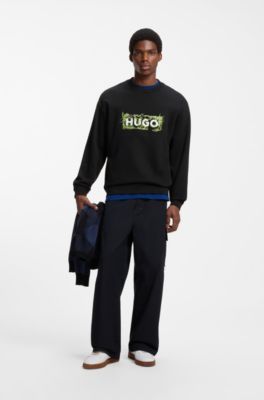 Cotton-terry sweatshirt with logo print and embroidery, Black