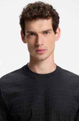 T-shirt en coton avec motif jacquard g&eacute;om&eacute;trique, Noir