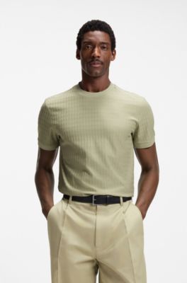 Geometric-jacquard T-shirt in cotton, Khaki