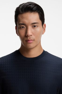 Geometric-jacquard T-shirt in cotton, Dark Blue