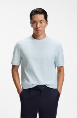 T-shirt en coton avec motif jacquard g&eacute;om&eacute;trique, bleu clair