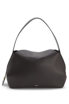 Faux-leather shoulder bag with logo lettering, Dark Brown