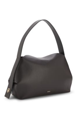 Faux-leather shoulder bag with logo lettering, Dark Brown