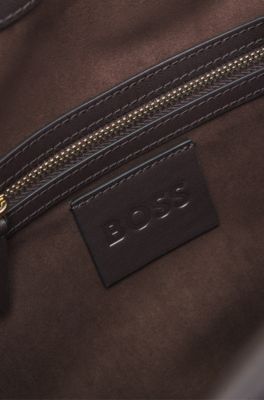 Faux-leather shoulder bag with logo lettering, Dark Brown