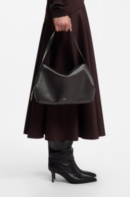 Faux-leather shoulder bag with logo lettering, Dark Brown