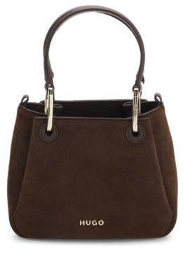 Faux-suede tote bag with logo lettering, Dark Brown