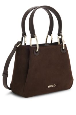 Faux-suede tote bag with logo lettering, Dark Brown