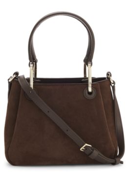 Faux-suede tote bag with logo lettering, Dark Brown