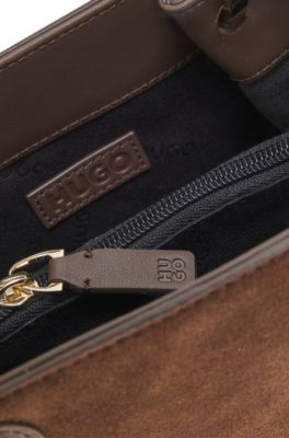 Faux-suede tote bag with logo lettering, Dark Brown