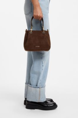 Faux-suede tote bag with logo lettering, Dark Brown