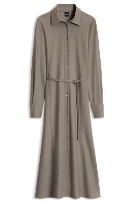 Belted flannel shirtdress with wool and linen