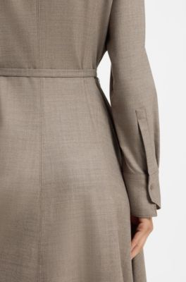 Vestido camisero con cintur&oacute;n en franela de lana y lino, Blanco