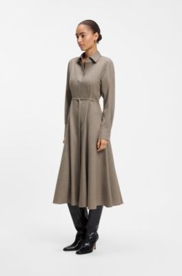 Vestido camisero con cintur&oacute;n en franela de lana y lino, Blanco