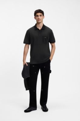 Cotton piqu&eacute; polo shirt with logo badge, Black