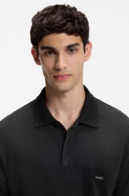 Cotton piqu&eacute; polo shirt with logo badge, Black