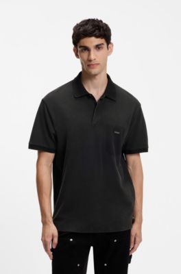 Cotton piqu&eacute; polo shirt with logo badge, Black