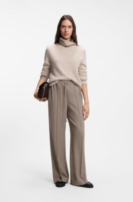 Pantalon coupe droite en flanelle &agrave; taille avec cordon de serrage, Beige