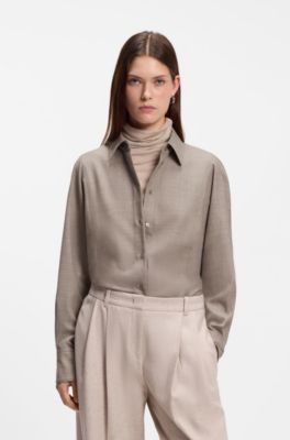 Blusa slim fit de franela de lana y lino, Beige