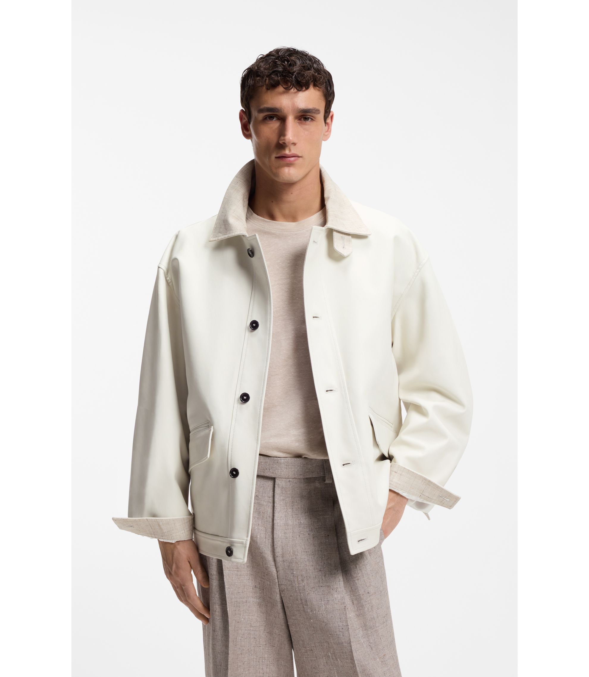 BOSS - Nappa leather jacket in an oversized fit - White