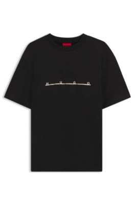Relaxed-fit T-shirt with zigzag stitching detail, Black