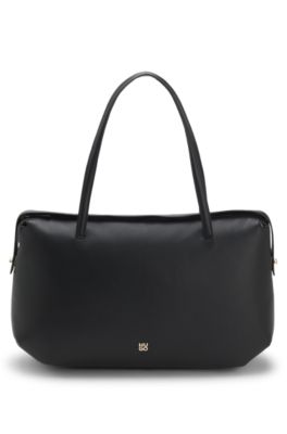 Faux-leather tote bag with stacked logo, Black