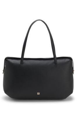 Faux-leather tote bag with stacked logo, Black