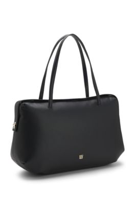 Faux-leather tote bag with stacked logo, Black