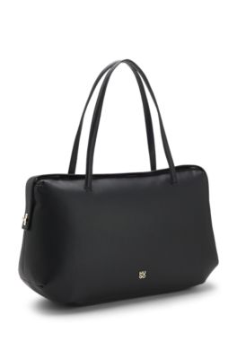 Faux-leather tote bag with stacked logo, Black