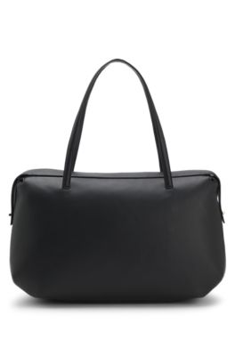 Faux-leather tote bag with stacked logo, Black