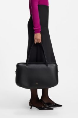 Faux-leather tote bag with stacked logo, Black