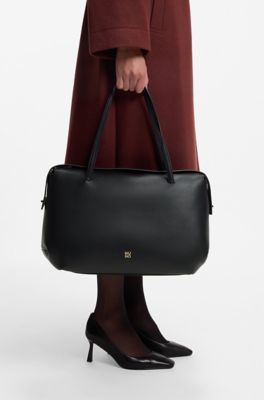 Faux-leather tote bag with stacked logo, Black