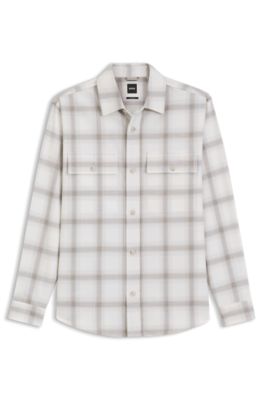 Chemise &agrave; carreaux d&eacute;contract&eacute;e en laine vierge m&eacute;lang&eacute;e, Blanc