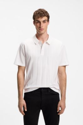 Relaxed-fit mercerized-cotton polo shirt with herringbone stripes, White