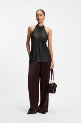 Halter-neck sequined top, Brown