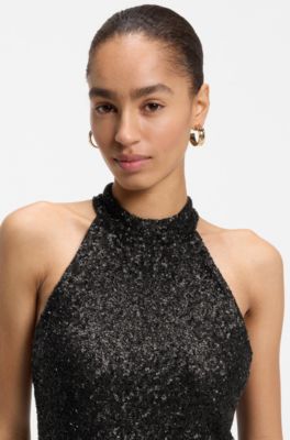 Halter-neck sequined top, Brown