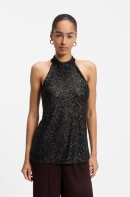 Halter-neck sequined top, Brown