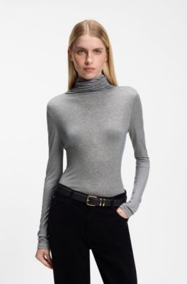 Draped funnel-neck top in a wool blend, Light Grey