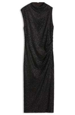 Stand-collar maxi dress in draped jersey, Brown