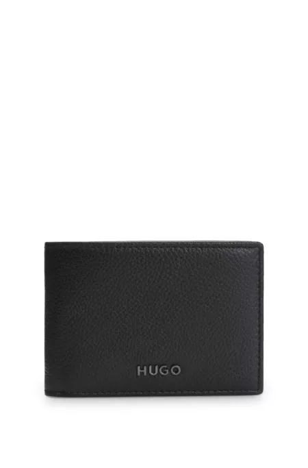 Leather bifold wallet with metallic logo lettering