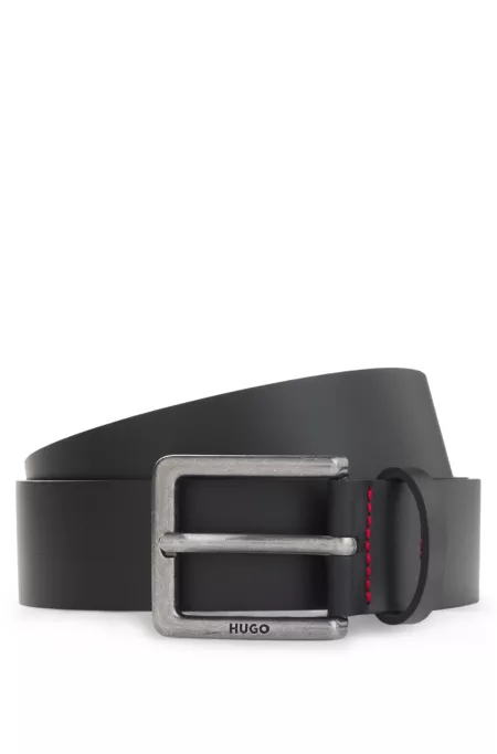 Smooth leather belt with engraved antique-silver buckle