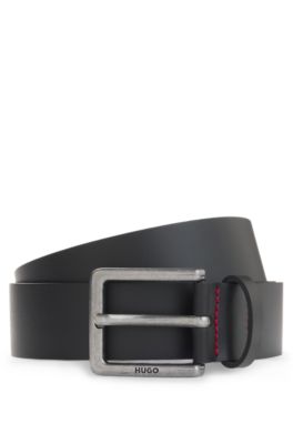 Smooth leather belt with engraved antique-silver buckle, Black