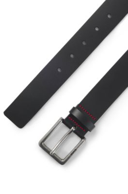 Smooth leather belt with engraved antique-silver buckle, Black
