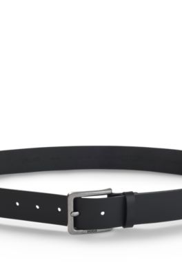 Smooth leather belt with engraved antique-silver buckle, Black