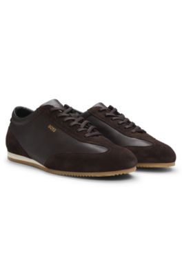 Leather sneakers with suede trims, Dark Brown